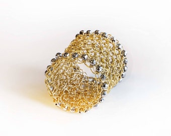 Cigar Band Ring, Large Gold Ring, Gold Mesh Ring, Wide Band Gold Ring, Thick Ring, Unique Gold Ring