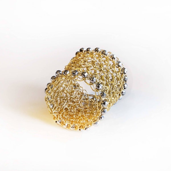 Unique Wide Band Ring, Gold Wire Crochet Ring, Unique Hematite Ring, Unique Crochet Gold Ring, Gold Wire Crochet Ring, Statement Rings Women