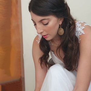 Gold Dangle Disc Earrings, Large Gold Bridal Earrings, Bohemian Wedding Jewelry, Big Round Earrings, Statement Earrings for Women, Bridal image 4