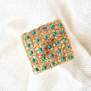 Turquoise Gold Brooch, Women&#39;s Brooch, Square Brooch, Filigree Brooch, Unique Gift for Her, Mesh, Boho Style, Bohemian Turquoise Jewelry