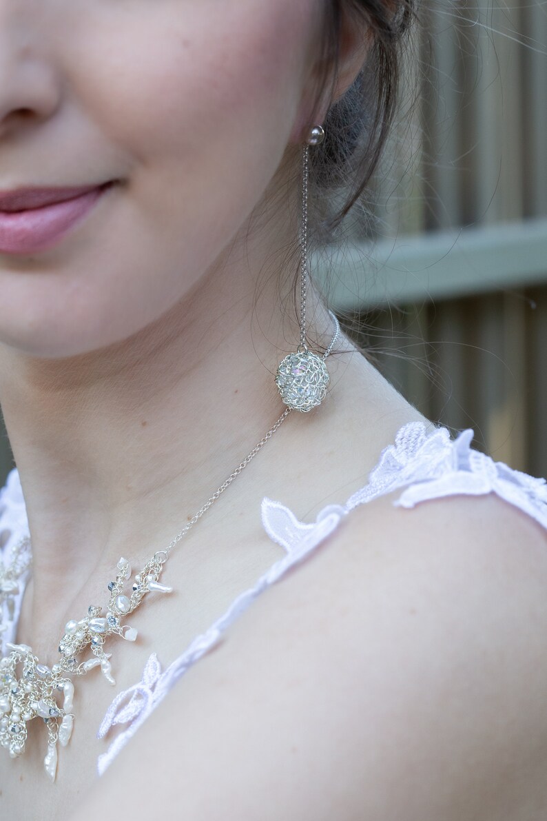 Silver Drop Bridal Earrings, Long Chain Earrings, Silver Stud Earrings, Statement Earrings, Wire Crochet Earrings, Bridal Earrings image 2