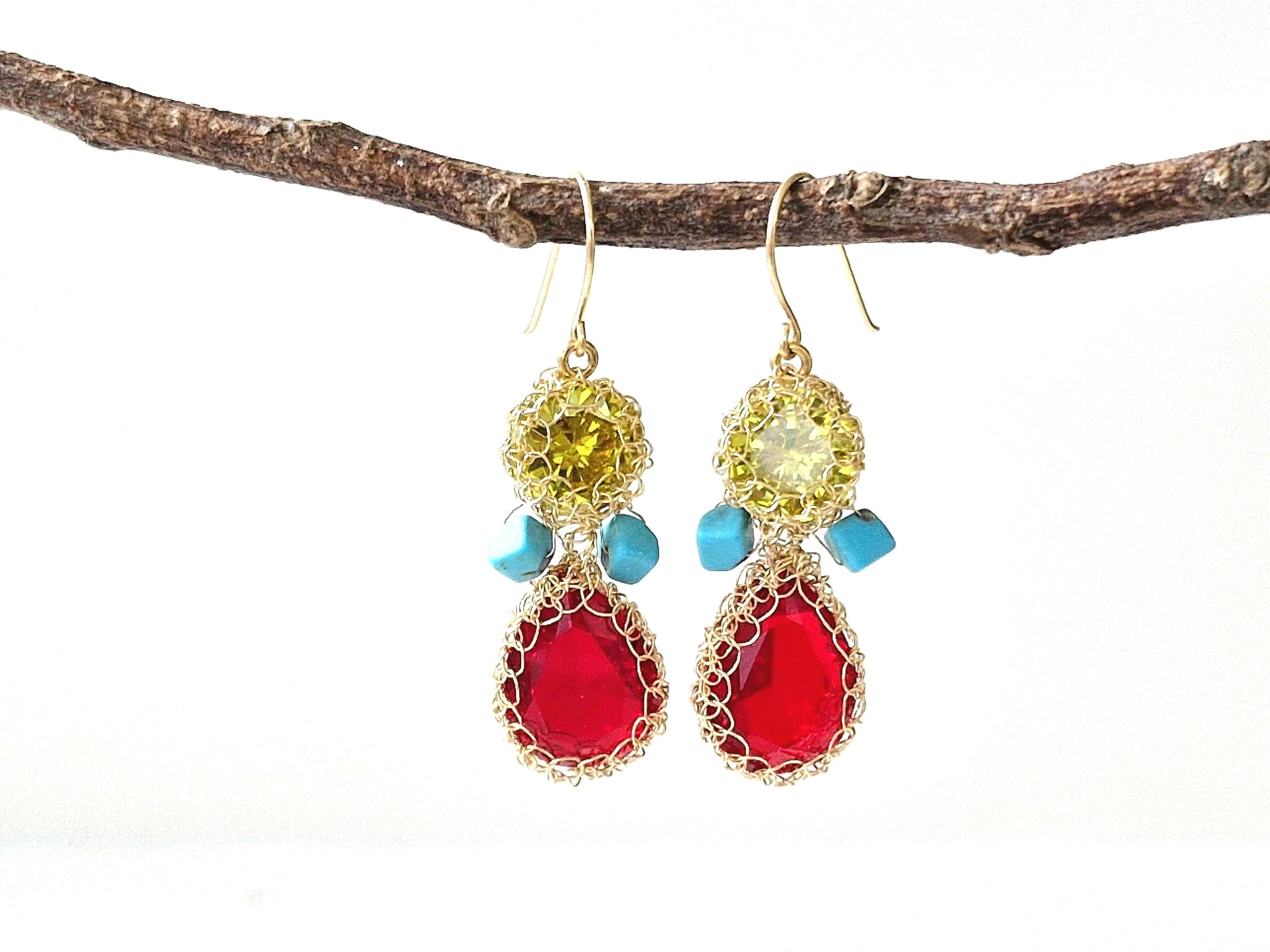 Elegant Gold and Red/Green Crystal Earrings Ruby Red and Emerald Green Crystal Drop Earrings, Gold  main image 4
