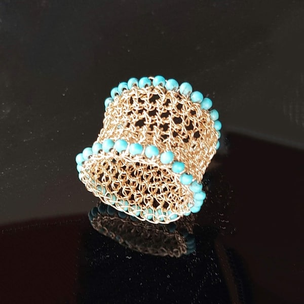 Turquoise Gold Ring, Wide Band Gold Ring, Large Statement Ring, Big Mesh Ring, Chunky Boho Ring, Cigar Band Ring, Unique Jewelry for Women