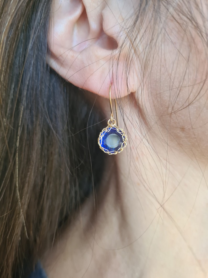 Small Round Sapphire Earrings, Gold Gemstone Earrings, Statement Earrings  for Women, Sapphire Gold Drop Earrings, Birthday Gift Earrings