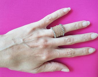 Unique Wide Mesh Ring, Gold Cigar Band Ring, Unique Hematite Ring, Unique Tube Ring, Chunky Ring, Large Statement Ring Women, OOAK Jewelry
