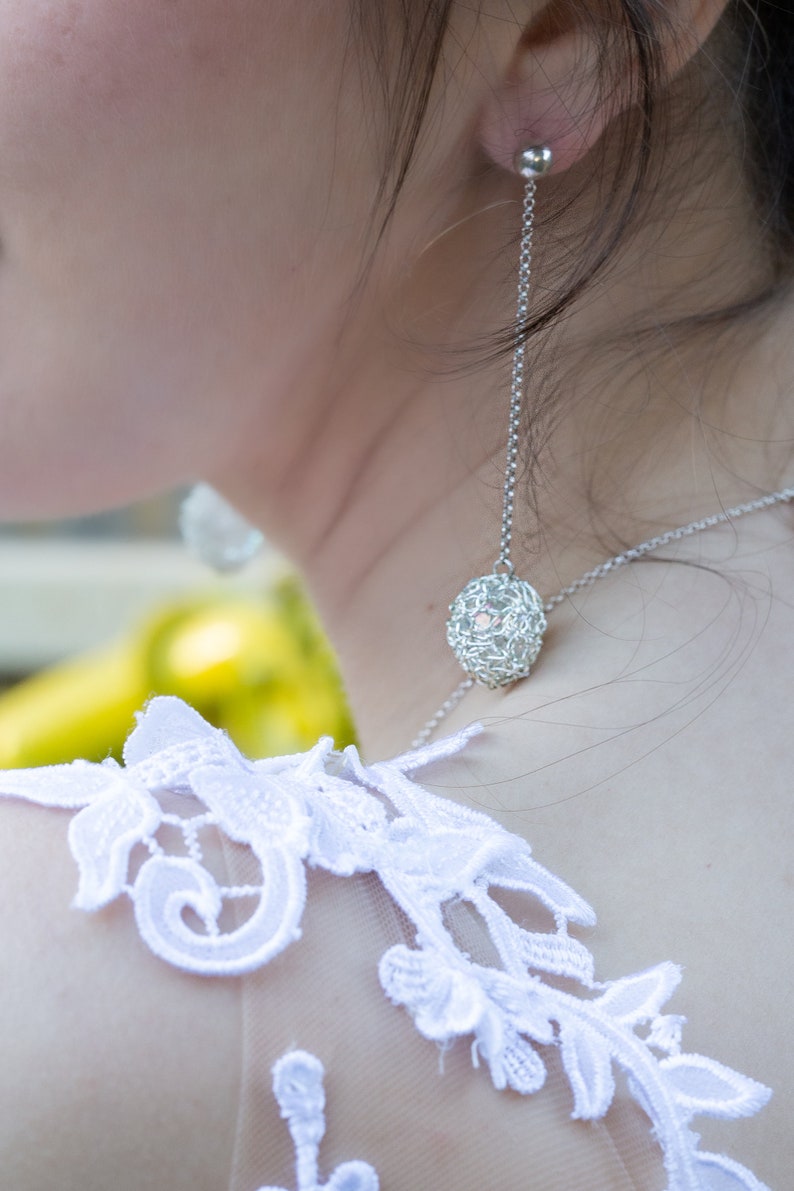Silver Drop Bridal Earrings, Long Chain Earrings, Silver Stud Earrings, Statement Earrings, Wire Crochet Earrings, Bridal Earrings image 3