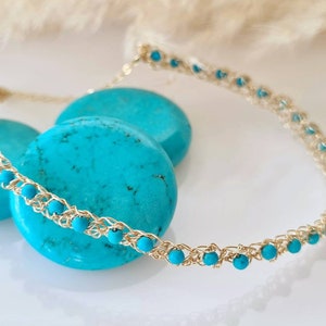 Girocollo in turchese d'oro, collana di dichiarazione, collana con barra di perline delicata, collana di pietre preziose, stile Boho, pietra di nascita di dicembre, gioielli unici