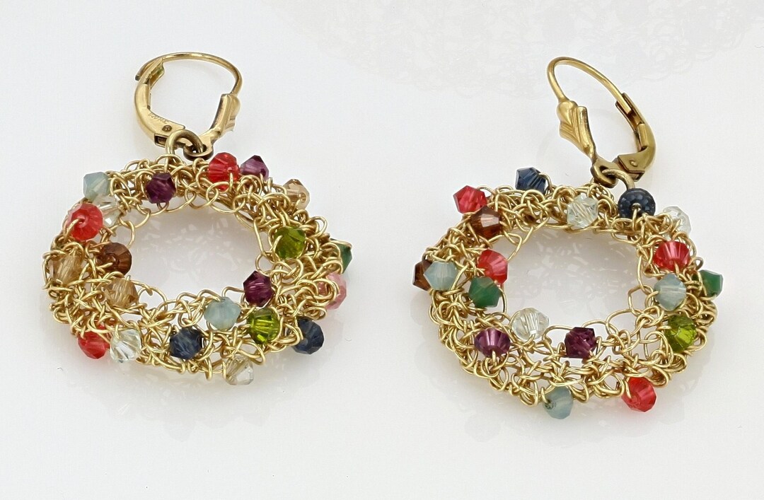 Gold Drop Earrings, Gold Multi-color Gemstone Hoop Earrings, Dangle ...