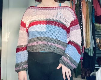 Loose Mesh Crochet Sweater || Lightweight Off-The-Shoulder Pullover Handmade