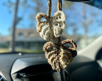 Crochet White and Gold Variegated Monstera Car Mirror Hanger