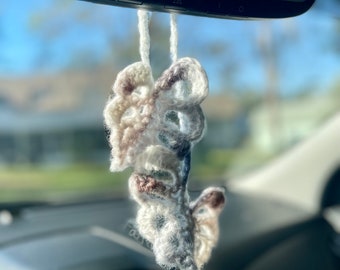 Crochet Fuzzy White Monstera Car Mirror Charm