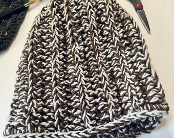 Handmade Chunky Crochet Beanie: Blue & Brown Acrylic Knit