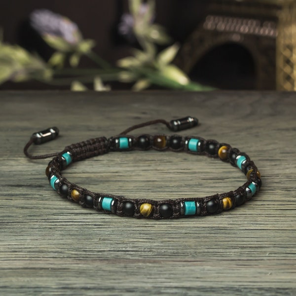 Magnifique Bracelet Homme/Femme Ø4mm perles Turquoise Œil Tigre Agate/Onyx noir mat Hématite Style Tibétain BRATIFIAN18