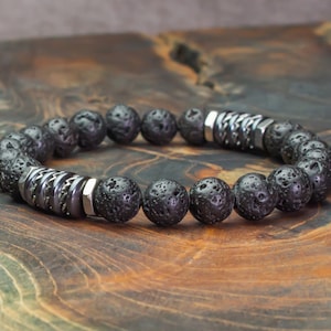 Men&#39;s bracelet Tibetan style beads 8mm stones Volcanic lava black washers Hematite steel stainless steel made in France creation 1000ola
