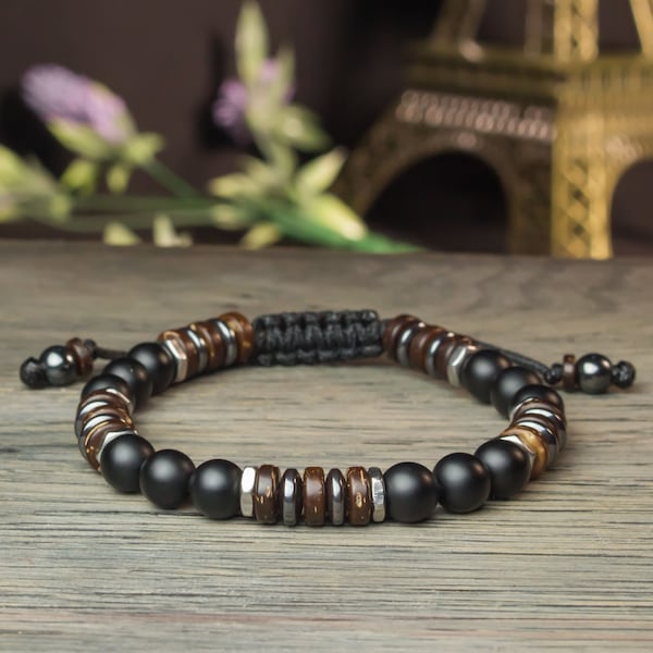 Bracelet Man / men Tibetan 8mm beads beads Agate / Onyx black Matte Hematite Stainless steel Coconut wood Made in France