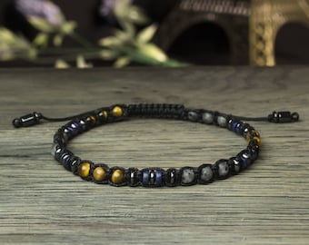Magnifique Bracelet Homme/Femme Ø4mm perles Lapis Lazuli Œil Tigre Larvikite Labradorite Hématite Style Tibétain BRATIFIAN18