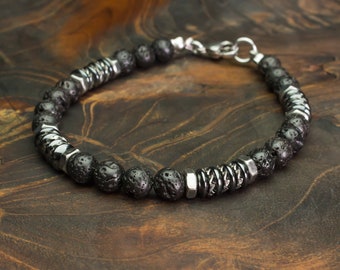 PULSERA NUEVA PARA HOMBRE, cuentas de 6 mm, piedra de lava volcánica negra, arandelas de hematita, ACERO INOXIDABLE, metal, estilo antiguo, color plata