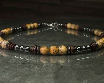 Collier Homme Perles Agate Matte, Hématite Et Bois - Longueur 50 Cm, Fait Main, Neuf Sans Emballage