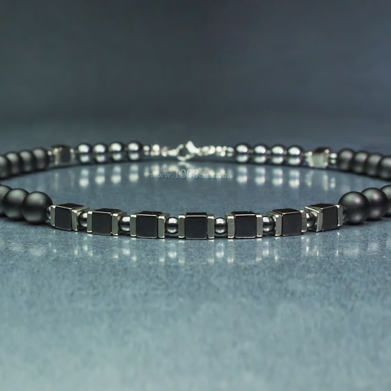 Men's Necklace 8mm beads gemstone Agate Black Hematite cubes Stainless steel silver color Made in France