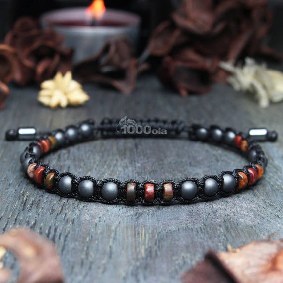 Elegant Men's Bracelet pearls Ø 4mm in Natural Stone Jasper/Jasper Picasso Red Hematite Matte Grey and nylon thread