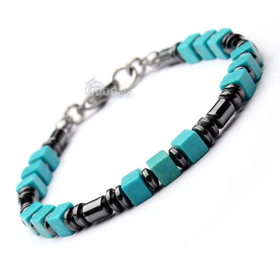 BRACELET Men's Pearls 4mm Natural Stones Hematite Black howlite turquoise color cube 5x5mm stainless steel clasp/Inox P145