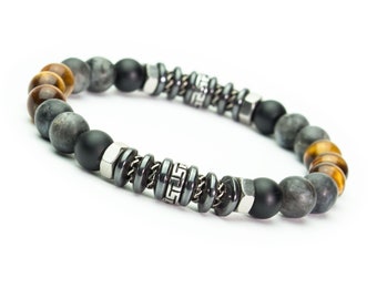 Modèle 2022 Made in France Bracelet Homme/Femme perles Ø8mm en pierre gemme Œil de Tigre Labradorite Gris Agate/Onyx noir Acier inoxydable