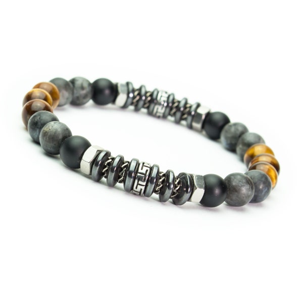 Model 2022 Made in France Men's/Women's bracelet beads Ø8mm in gemstone Tiger's Eye Labradorite Gray Agate/Black Onyx Stainless steel