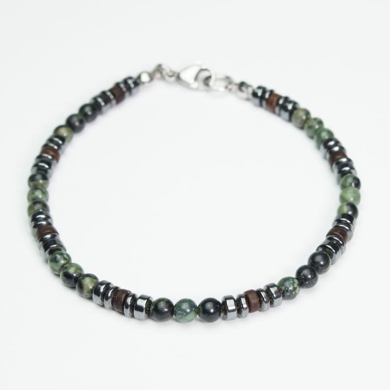 New Men's/Women's Bracelet with 4mm Natural Stone Beads, Green Jasper, Hematite, Coconut Wood, and Stainless Steel Lobster Clasp. image 4