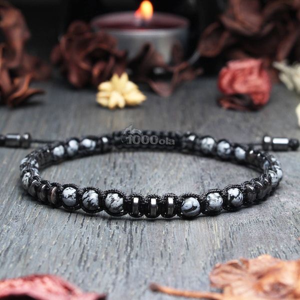 Élégant Bracelet Style Shambala Homme perles Ø 4mm Pierre naturelle obsidienne noir/gris Hématite noir fil nylon