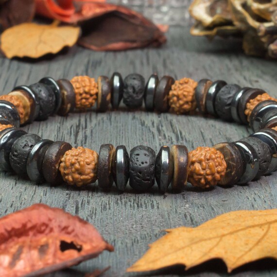 Magnificent Bracelet man/Men's Tibetan style beads Ø 8mm Rudraksha seeds Coconut wood/Coconut Volcanic lava Hematite Handmade