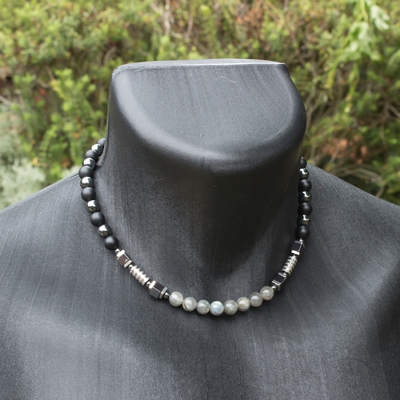 Collier Homme/Men's perles 8mm pierre gemme Larvikite Labradorite Agate Noir Hématite Acier inoxydable couleur argent