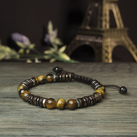 Men's/men's bracelet Ø 8mm Hematite tiger eye beads Stainless steel Coconut wood Tibetan style Made in France