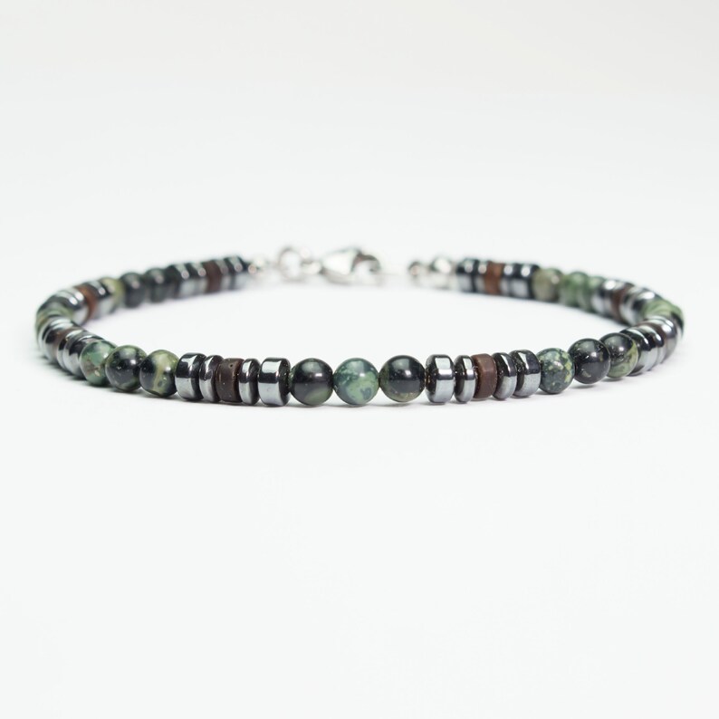 New Men's/Women's Bracelet with 4mm Natural Stone Beads, Green Jasper, Hematite, Coconut Wood, and Stainless Steel Lobster Clasp. image 3