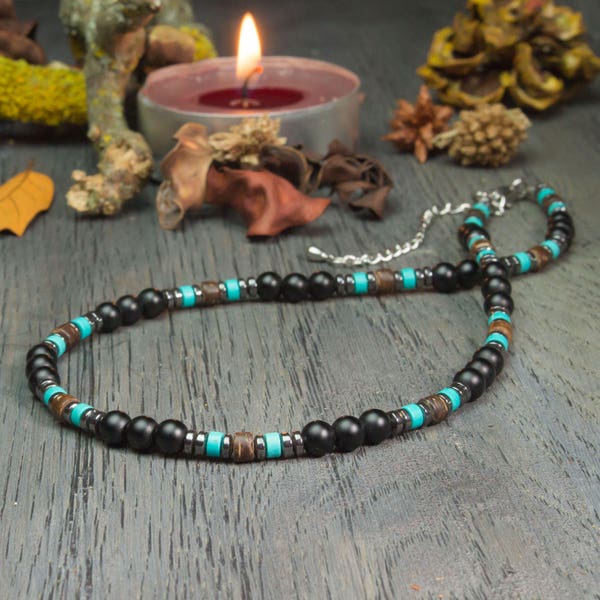 Bijoux Haut de Gamme Collier Homme pierre Naturelle Véritable Turquoise stabilisée Agate/Onyx noir 6mm bois coco hématite métal inoxydable