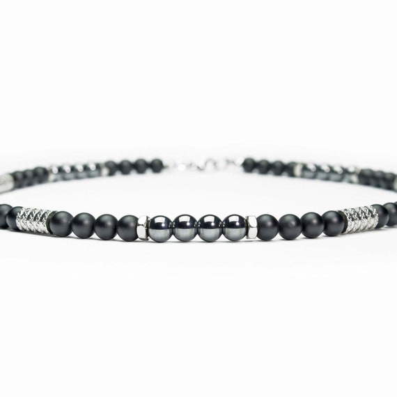 Collier Homme chic perles 6mm Agate noire, Hématite, acier inoxydable couleur argent, anneaux hexagone, style antique bijou fait main France