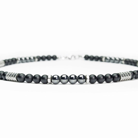 Men's necklace Jewel chic pearls Ø 6mm gemstone Agate Black Hematite tube rings hexagon Stainless steel color silver Tibetan style