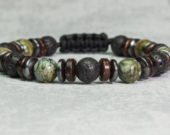 Pulsera de hombre cuentas estilo tibetano piedras de 8 mm Jaspe verde Lava volcánica negra Arandelas de hematita madera de coco Hecho en Francia 1000ola