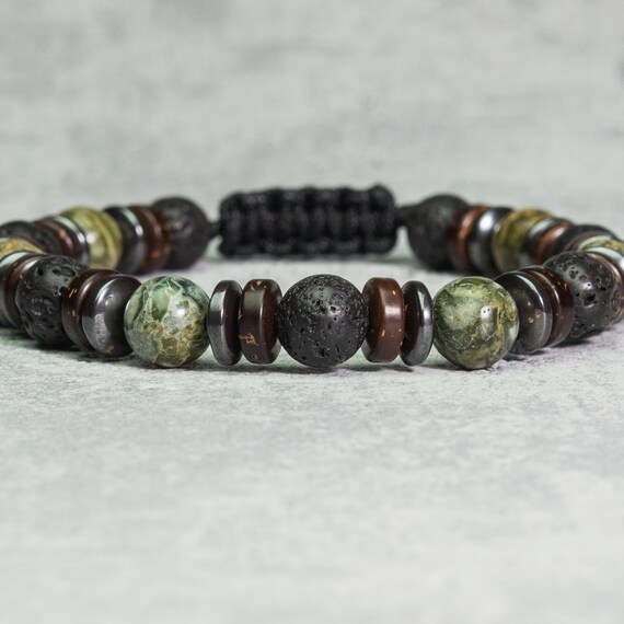 Men's Tibetan style bracelet 8mm beads stones Green Jasper Black Volcanic Lava Hematite washers Coconut wood Made in France 1000ola