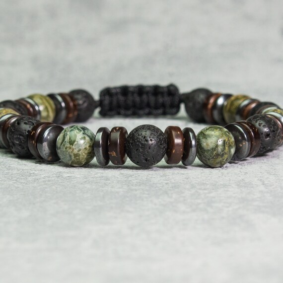 Men's bracelet Tibetan style beads 8mm green Jasper stones Volcanic Lava black Hematite washers coconut wood Made in France 1000ola