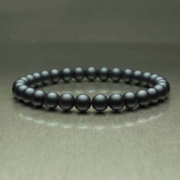 Magnifique Bracelet Homme perles noirs Ø 6mm en pierre naturelle Agate/Onyx Mat fait main