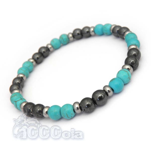 Mode tendance BRACELET Homme/Femme Perles 6mm Pierre naturelle howlite couleur turquoise + Hématite + anneaux Métal inoxydable