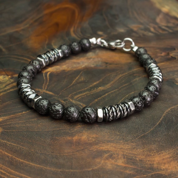 New Men's BRACELET 6mm beads Black Volcanic Lava stone Hematite washers STAINLESS STEEL metal Antique style silver color