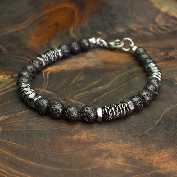 New BRACELET Man Beads 6mm Stone Lava Volcanic Black Washers Hematite Metal Stainless Steel Antique Style Silver Color