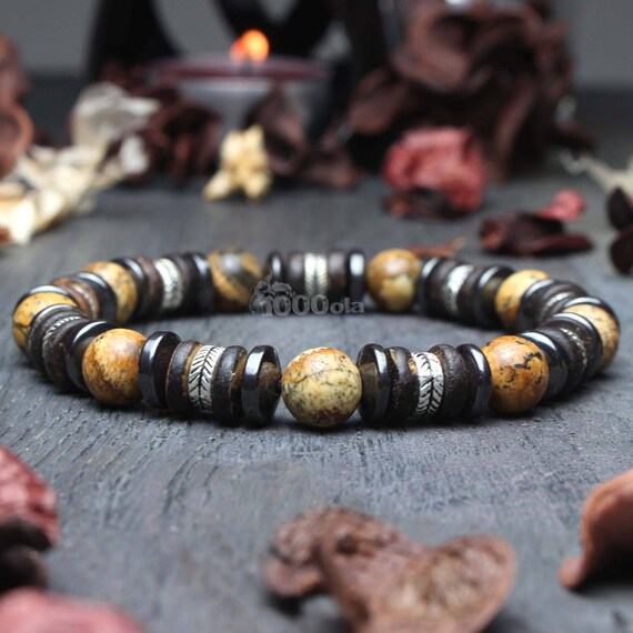 Men's/Female Pearl Bracelet - 8mm Natural Stone Jaspe/Jasper Picasso Coconut Wood/Coco Hématite Metal Appearance Antique Tibetan style