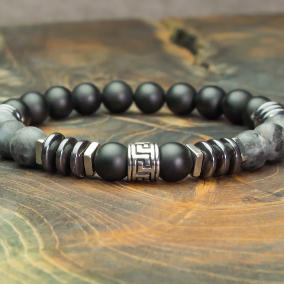 New Men's Bracelet 8mm beads natural stones Larvikite Labradorite Matte gray Agate/onyx Hematite Tibetan style tube bead Stainless steel