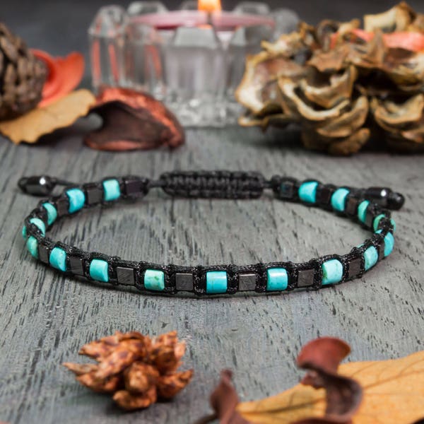 BRACELET Homme perles 4mm en pierre gemme naturelle turquoise stabilisée Hématite cube fil nylon Fait main en France Création bijoux 1000ola