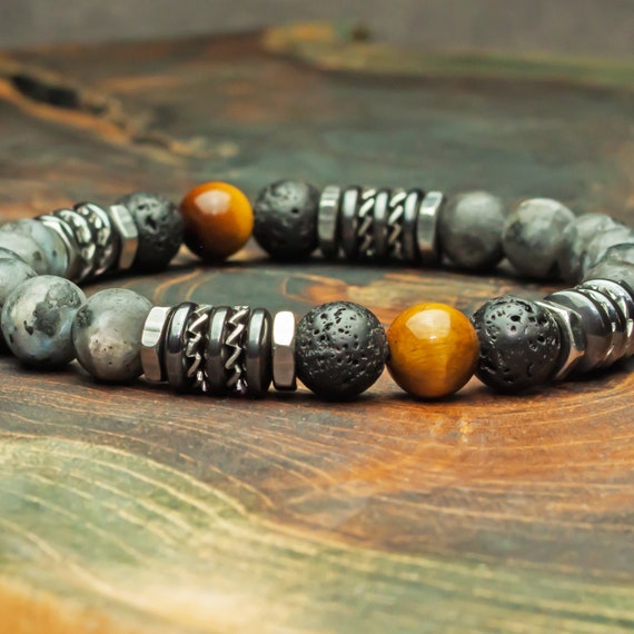 Bracelet perles 8mm pierres naturelles Œil Tigre Labradorite Gris mat Lave Volcanique noir Hématite acier inoxydable 1000ola fabriqué France