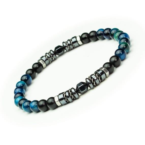 Tibetan style energy bracelet beads 6mm natural stones Tiger Eye turquoise Agate Hematite stainless steel handmade France