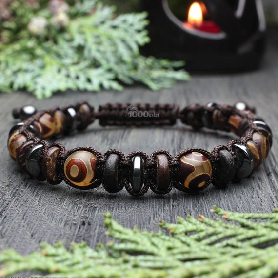 Men's Bracelet Tibetan STYLE Mala Beads Ø 8mm natural stone Agate Tibetan motif Hematite Coconut/Coconut wood Brown nylon thread