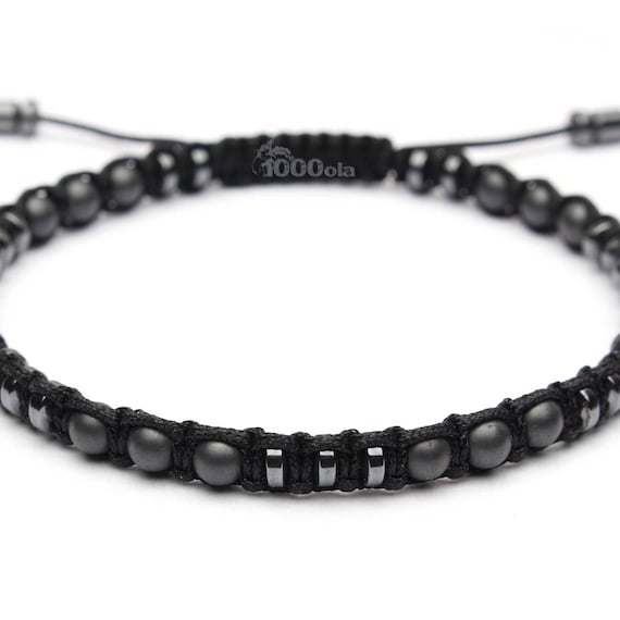 Elegant Bracelet Man pearls Ø 4mm in Natural Stone Hematite black and gray matte nylon thread